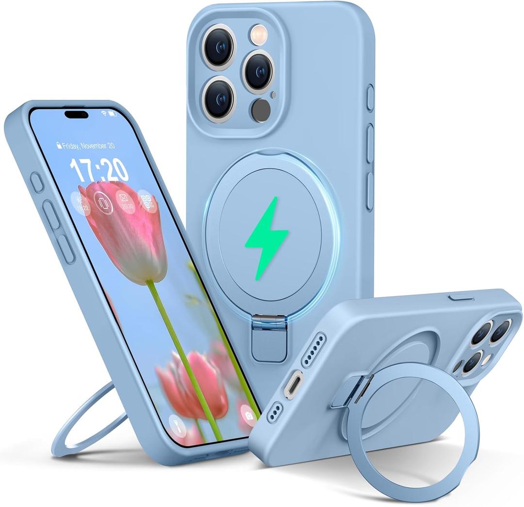 Liquid Silicone Case for iPhone 15 pro with Magnetic Ring Stand, Upgraded Camera Lens Protection, Mil-Grade Drop Shockproof, Anti-Scratch Microfiber Lining Silicone Case (Azure Blue)
