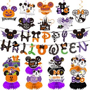 25Pcs Mouse Halloween Decorations, Need DIY Happy Halloween Banner, Hanging Swirls and Honeycomb Centerpieces Spooky Ghost Pumpkin Candy Boo for Horror Party Decorations