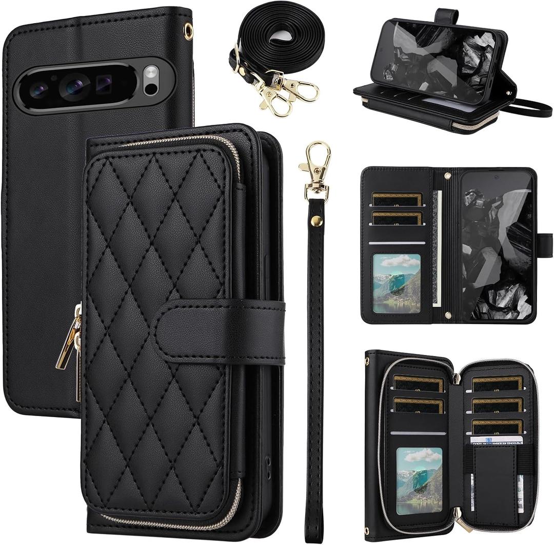 Argyle Wallet Case for Google Pixel 9/9 Pro 5G with Wrist Strap Shoulder Strap, 9+ Card Slots Zipper Purse Luxury PU Leather Stand Checkered Cell Phone Cover for Pixel9 9Pro Nine Black