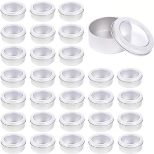 Metal Tin Cans - 2 Ounce Round Empty Containers with Clear Top for Cosmetics Crafts Food Storage Party Favors (30)