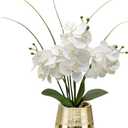 Oairse Artificial White Phalaenopsis Orchid Flower Arrangements Faux Orchid Flower in Gold Pot Orchid Centerpiece for Dining Room Table