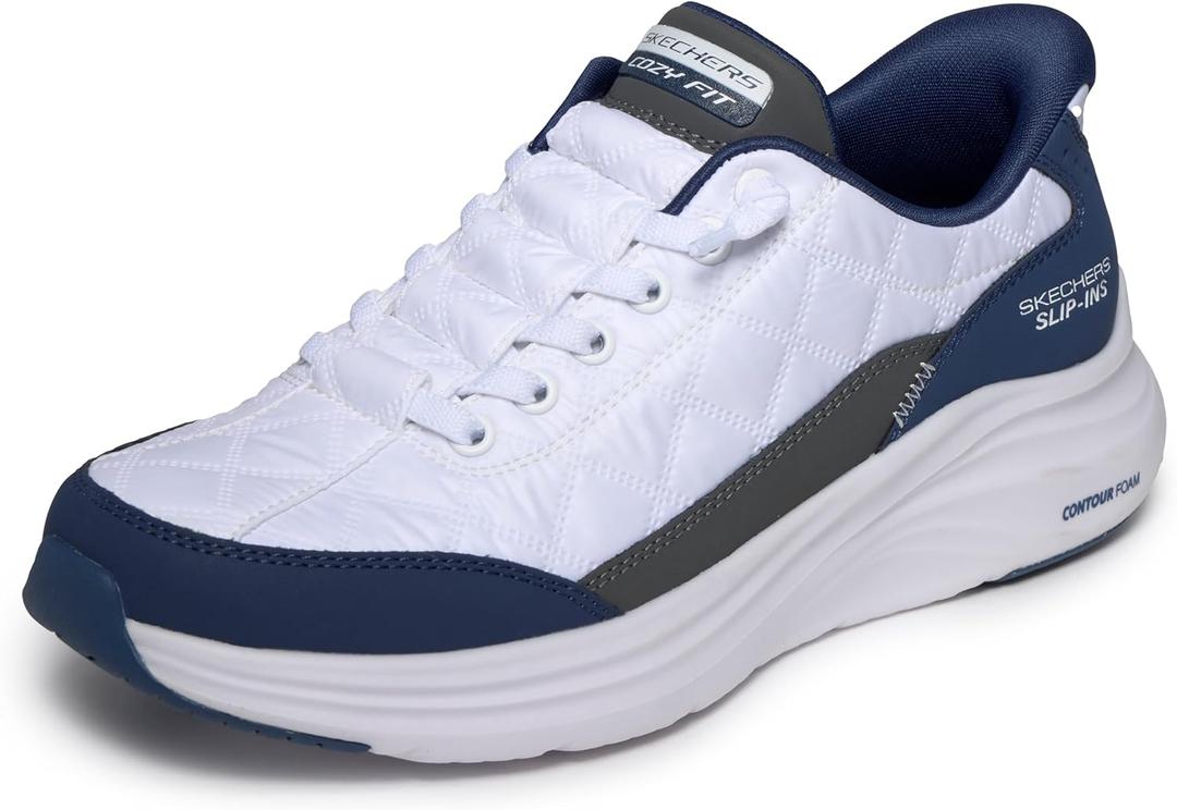 Skechers Women's Contour Foam Cozy Fit Hands Free Slip-ins Sneaker (10, White/Navy)