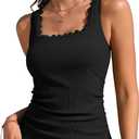 ANFILIA Scalloped Tankini Top Ribbed Bathing Suit Top Women Square Neckline Swimsuit Top (Medium, Black)