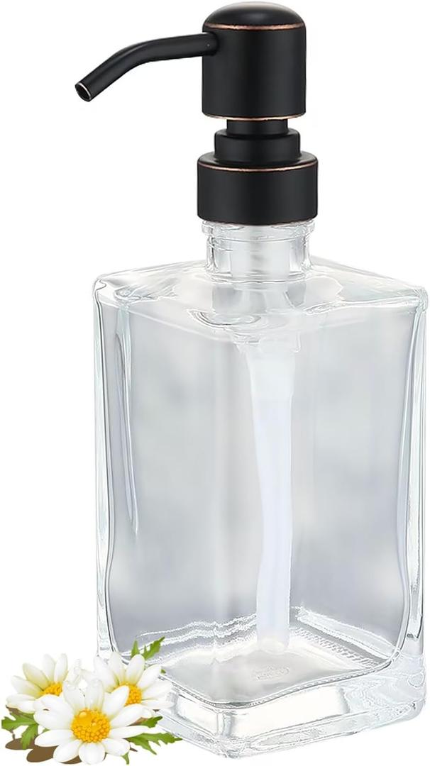 Glass Soap Dispenser, Clear Hand Soap Dispenser for Bathroom, Modern Refillable Liquid Dispenser Bottle.Oil Rubbed Bronze (13.5 OZ)