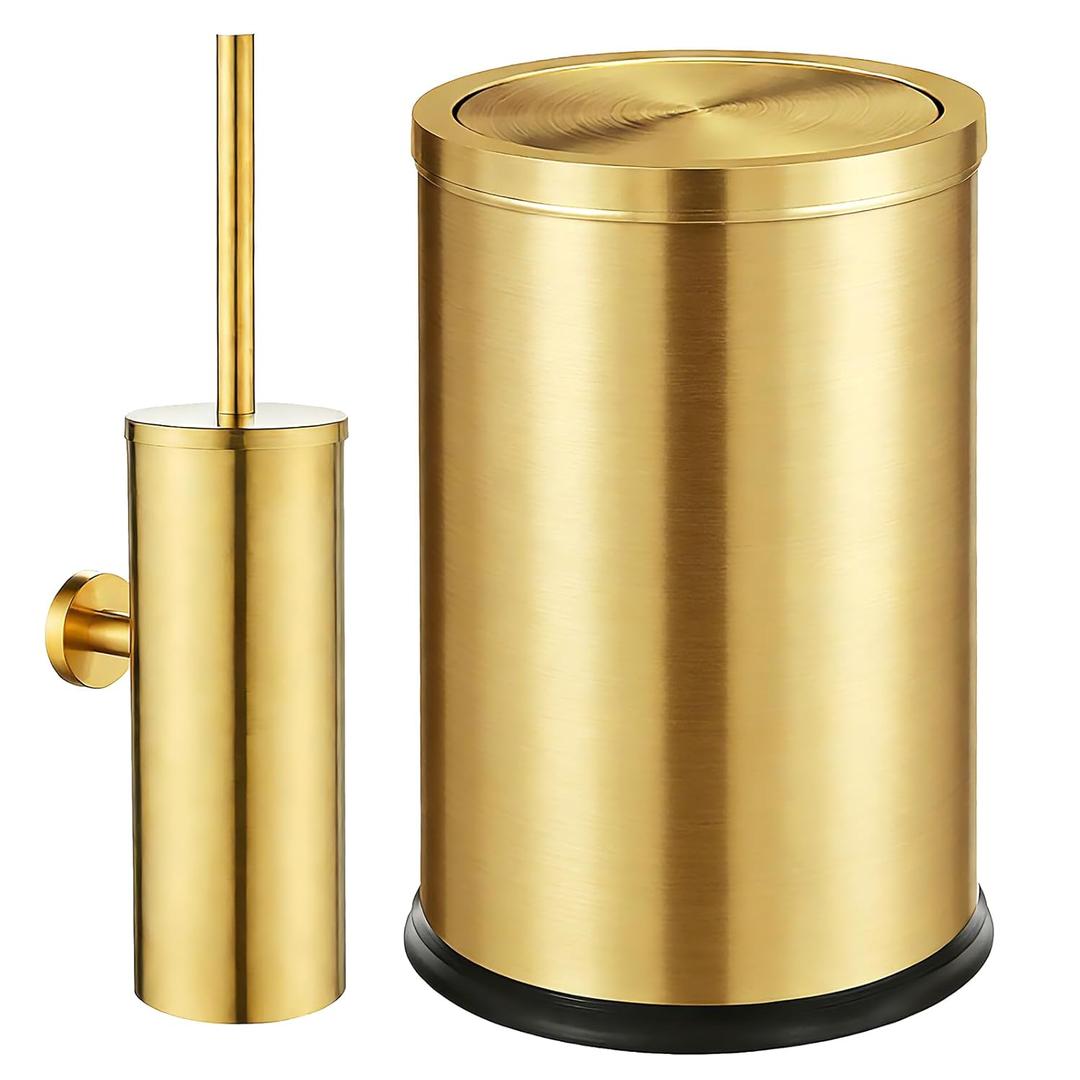 2Pcs 2.6 Gallon Gold Bathroom Garbage Can + Wall Mounted Toilet Brush Holder Set, Small Gold Garbage Can Wastebasket Garbage Bin With Swing Lid for Bedroom, Kitchen, Powder Room (Gold+ Brush Holder)