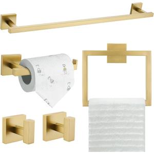 TQKAG 5-Piece Bathroom Accessories Set Brushed Gold Bathroom Hardware Set SUS304 Stainless Steel Classic Wall Mounted Towel Bar Sets 23.6" Towel Rack for Bathroom, Brushed Gold