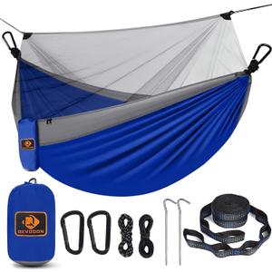 Camping Hammock with Net,Portable Lightweight Double Hammocks with Tree Straps and Solid D-Shape Carabiners,Parachute Nylon Hammock for Backpacking Beach Backyard Patio Hiking Blue&Grey
