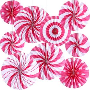 Outus 9 Pcs Pink Christmas Hanging Decorations Pink Candy Cane Paper Fans Peppermint Hanging Paper Fans Candy Cane Ceiling Wall Decor for Christmas Party Classroom Birthday Party