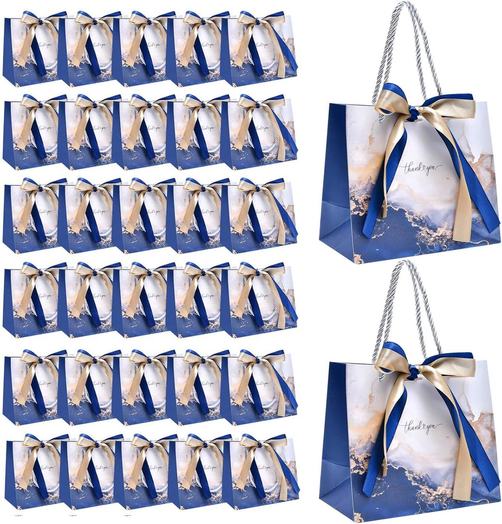 DGDUBRB 30 Pack Gift Bags with Handles, Small Thank You Party Favor Bags with Bow Birthday Gift Bags, Present Bags for Wedding Party Mothers Day(Vintage Blue)
