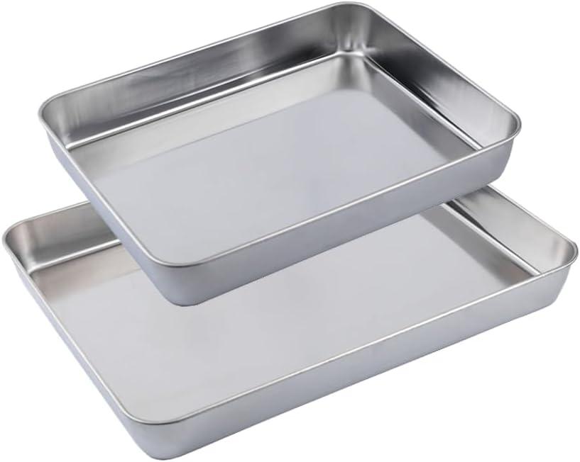 2-Pack Stainless Steel Deep Baking Pan Set (12" & 16")  Uncoated Non-Toxic Heavy Duty Sheet Pan  Roasting Pans for Lasagna, Brownies, Bread, Cakes  No Warping, Dishwasher Safe