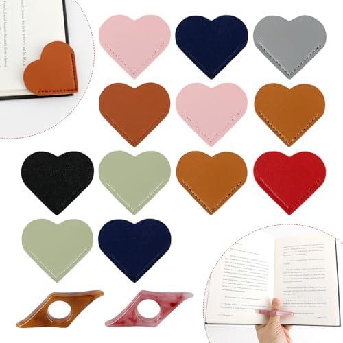 AssHMKIT Thumb Book Holder, Bookmark Set, Including 2 Page Holder and 12 Leather Heart Shaped Bookmarks, Reading Accessories for Book Lovers, Kid's Reading Assistance, for Birthday, Children's Day