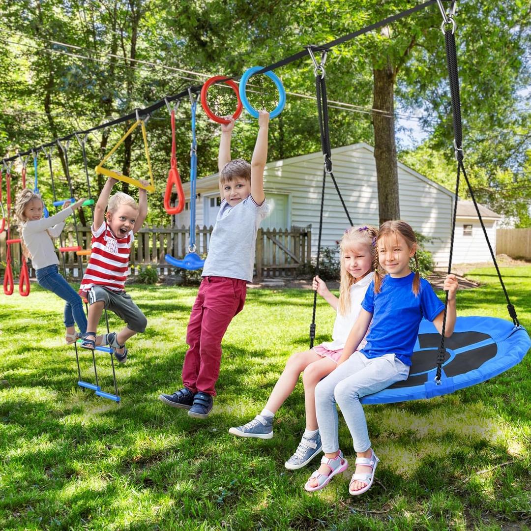 Hapfan 65 ft Ninja Warrior Obstacle Course for Kids with Swing, Ninja Rope Course with 11 Obstacles for Backyard Outside, Tree Slackline Jungle Gym Outdoor,
