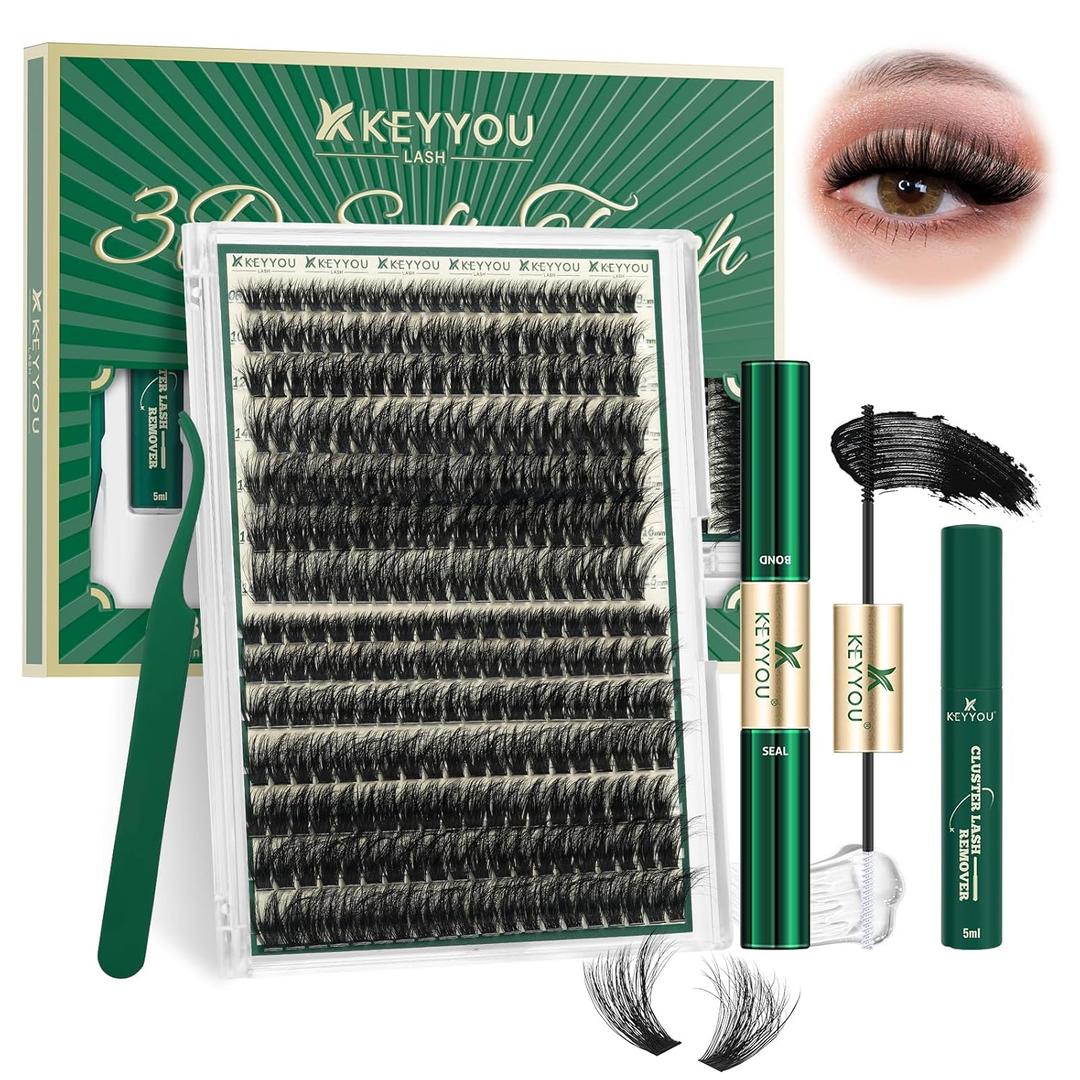 KEYYOU 3D Effect lash Clusters Kit 80D100D 280pcs Eyelash Clusters Kit D Curl Individual Lashes Kit Wispy Lash Extensions Kit with Waterproof Lash Bond and Seal Tweezers (Lash Kit-8-16MIX)