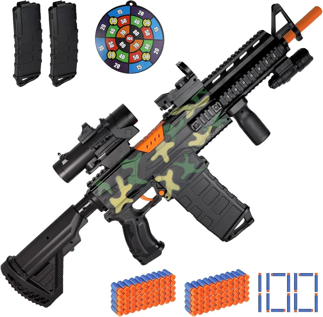 Automatic Sniper Rifle with Scope for Soft Guns Darts with 2 Magazines, Foam Blaster with 100 EVA Soft Bullets, Realistic Electric MachineToy for Boy 8-12 Age, Birthday Gift for Kid Adult
