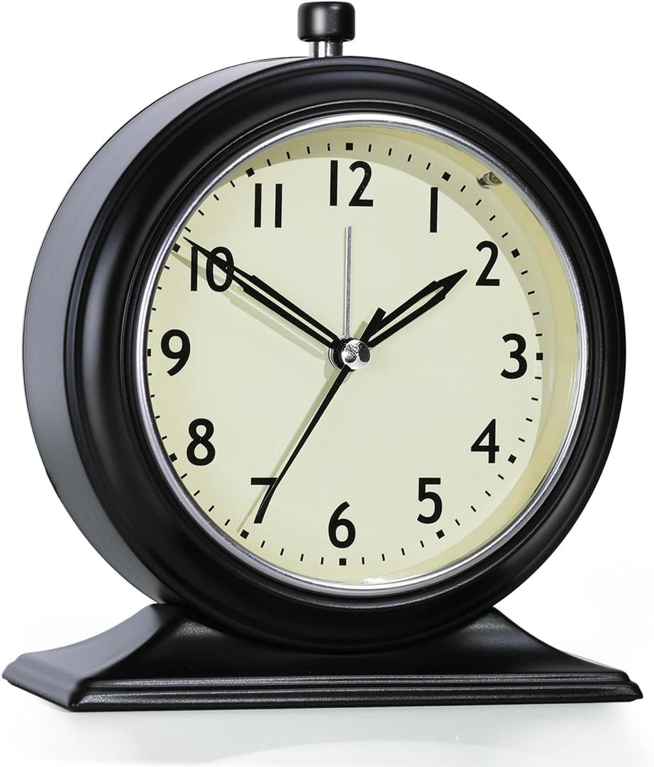 AYRELY 4-inch Battery Operated Alarm Clock Silent Analog Desk Clocks with Light Vintage Metal Table Clock for Living Room Shelf Bedside Home Decor (Black)