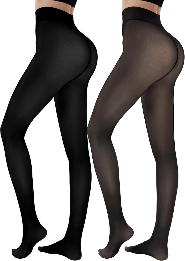 HONGTEYA 2 Pairs Fleece Lined Tights Women - Warm Sheer Pantyhose Fake Translucent Tights Winter Thermal Leggings (Large)