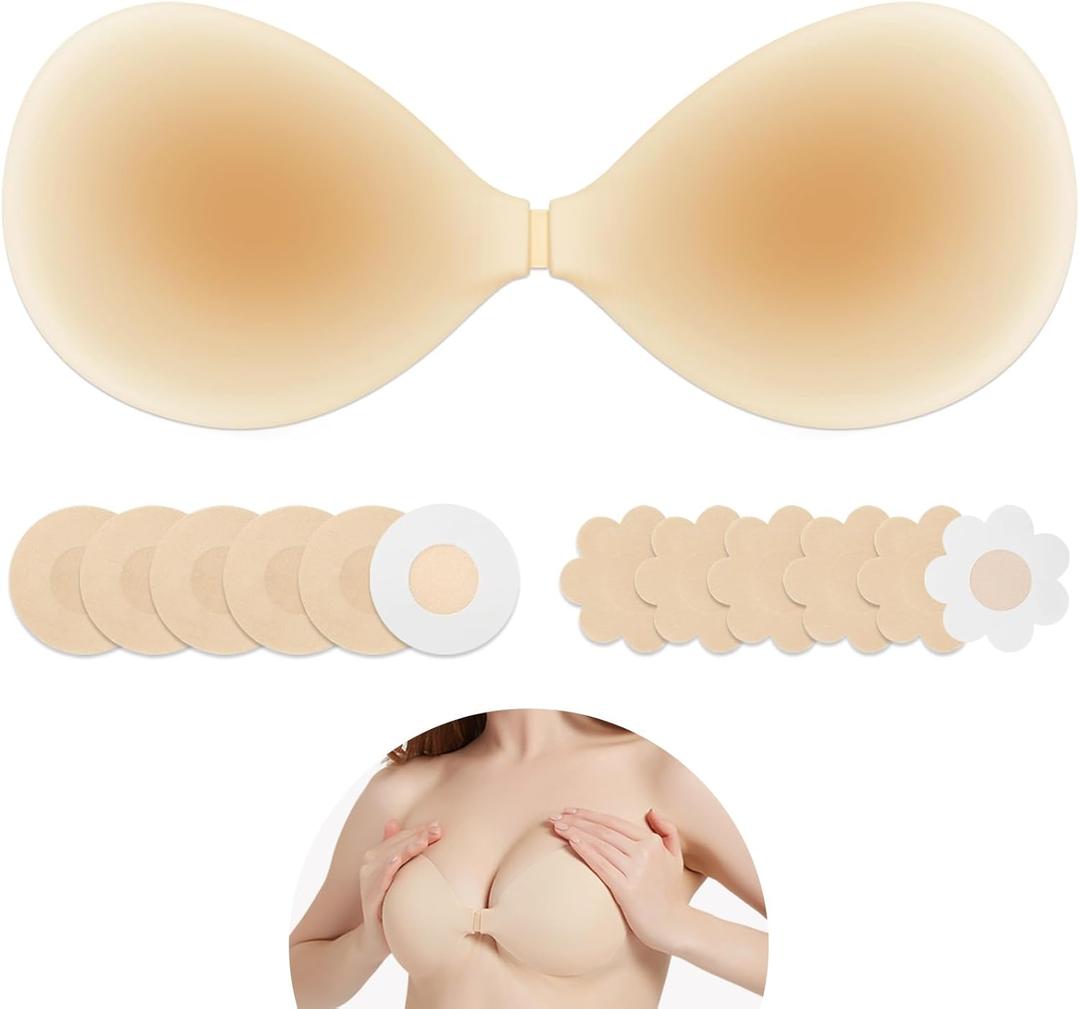 Upgraded Sticky Bra Push Up, Ultra-Thin Strapless Bra for Backless Dress, Adhesive Bra with 12 Nipple Covers