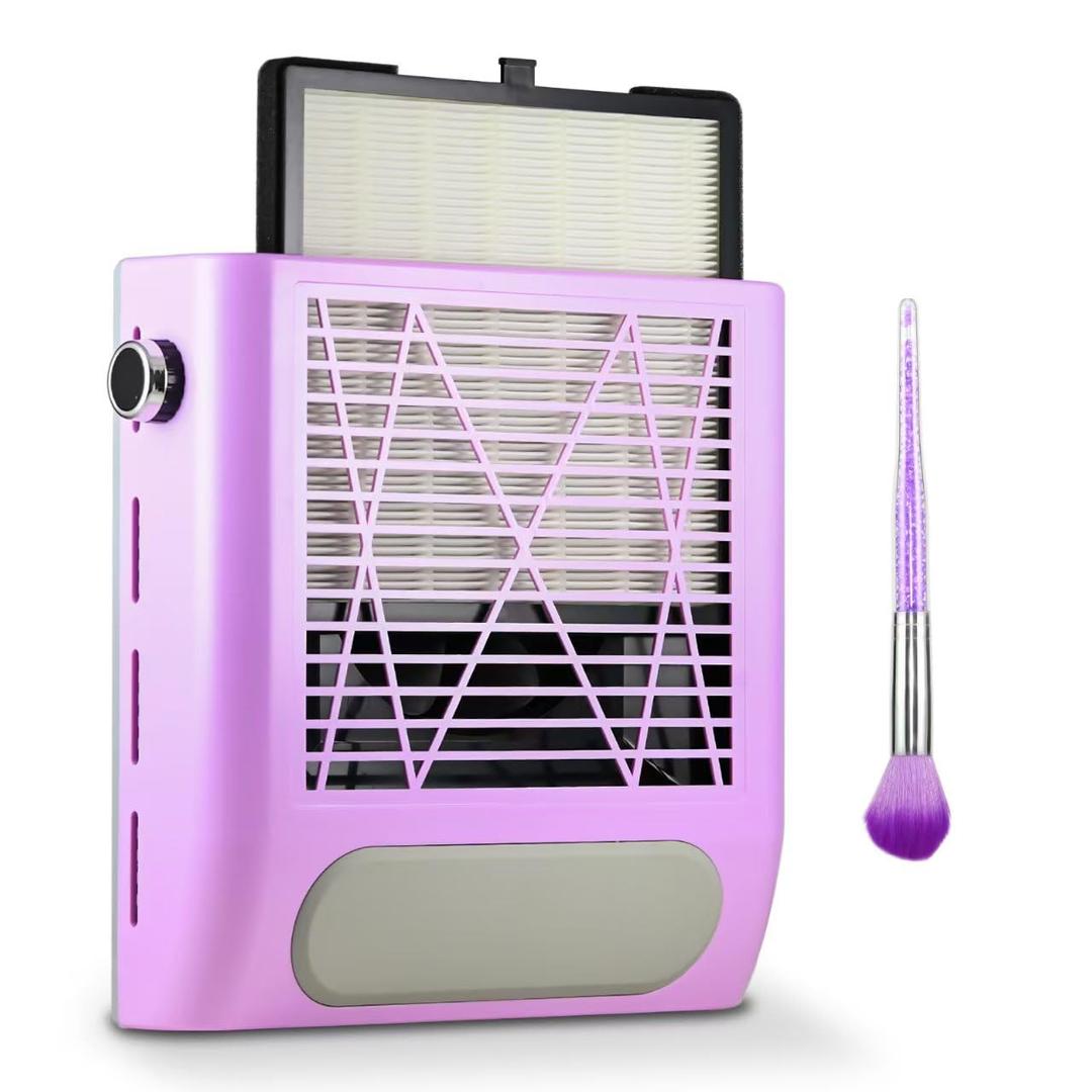 Nail Dust Collector with Reusable Filter & Brush, 80W Powerful Adjustable Electric Nail Fan Dust Vacuum Suction Extractor for Acrylic Gel Nails Polishing Manicure Tool, Low Noise (Purple Style 2)