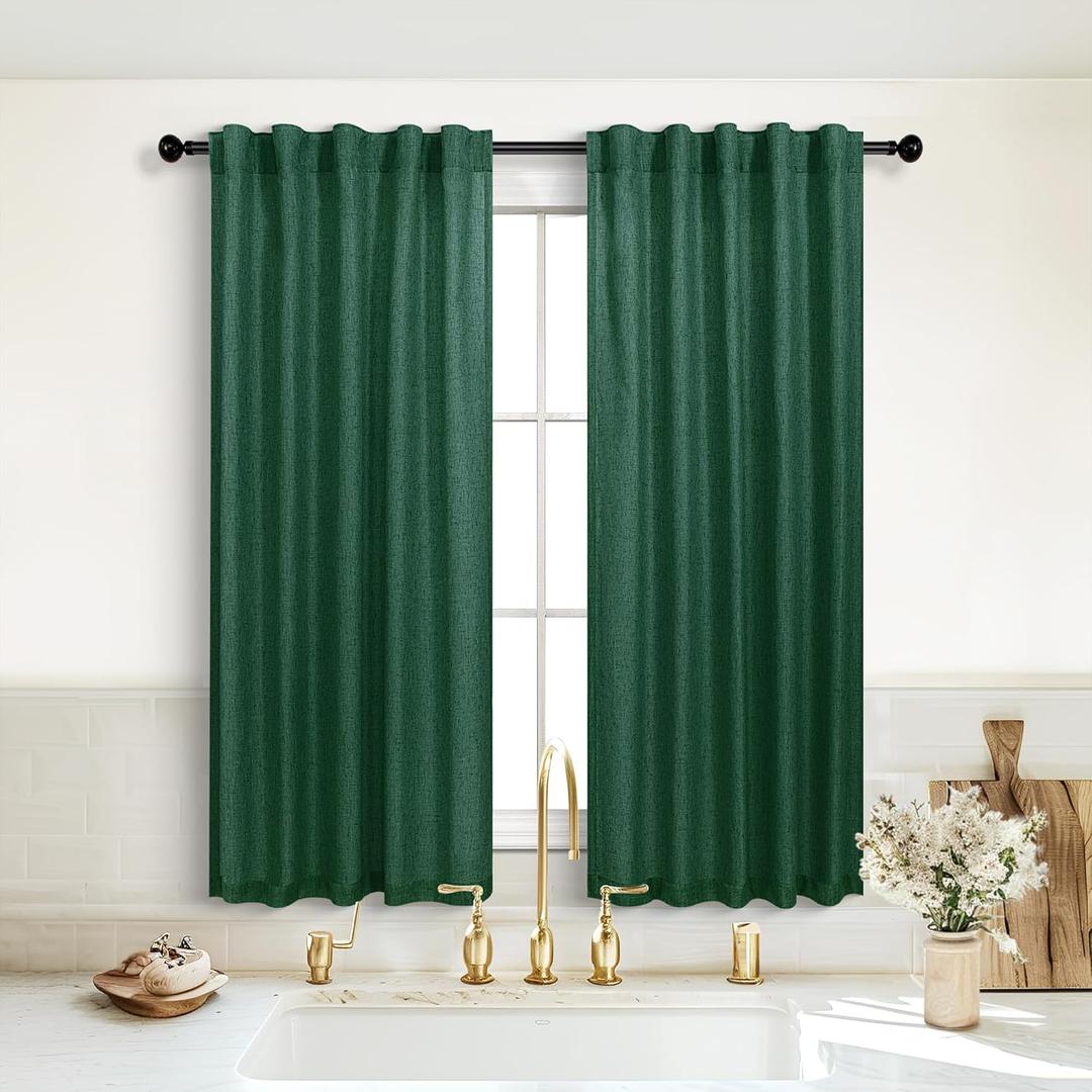 KOUFALL Short Green Christmas Curtains for Kitchen Bathroom Window,Sheer Linen Decorative Curtains for Bedroom (36"W x 45"L (Pack of 2))