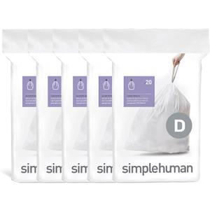 simplehuman Code D 100 Count, Dispenser Pack Custom Fit Liners, Drawstring Trash Bags, 20 Liter / 5.3 Gallon, White