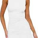 HOCILLE Women's Sexy Bodycon Boat Neck Mini Dresses Sleeveless Ruched Ruffle Hem Club Party Short Dress, M