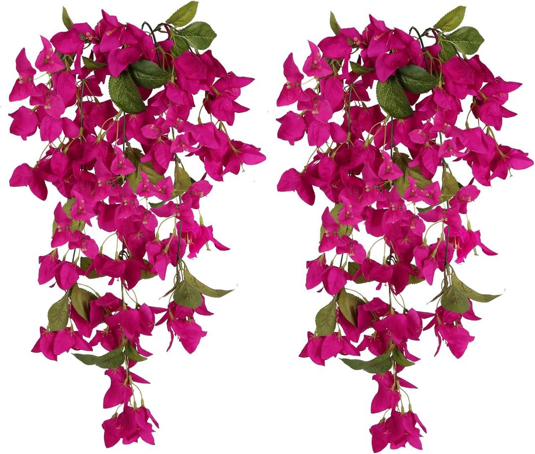 Artificial Hanging Flowers Bougainvillea, 2PCS UV Resistant Bougainvillea Silk Vine Flowers Fake Triangle Plum Blooming Faux Flower for Garden Porch Eave Wedding Wall Indoor Outdoor Decor (Rose Red)