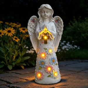 Voveexy Angel Garden Statue Outdoor Figurine, Solar Powered Garden Sculpture with 6 LEDs Resin Praying Angel Decor for Patio Lawn Yard Porch Decoration Christmas Birthday Housewarming Present 13.2 H