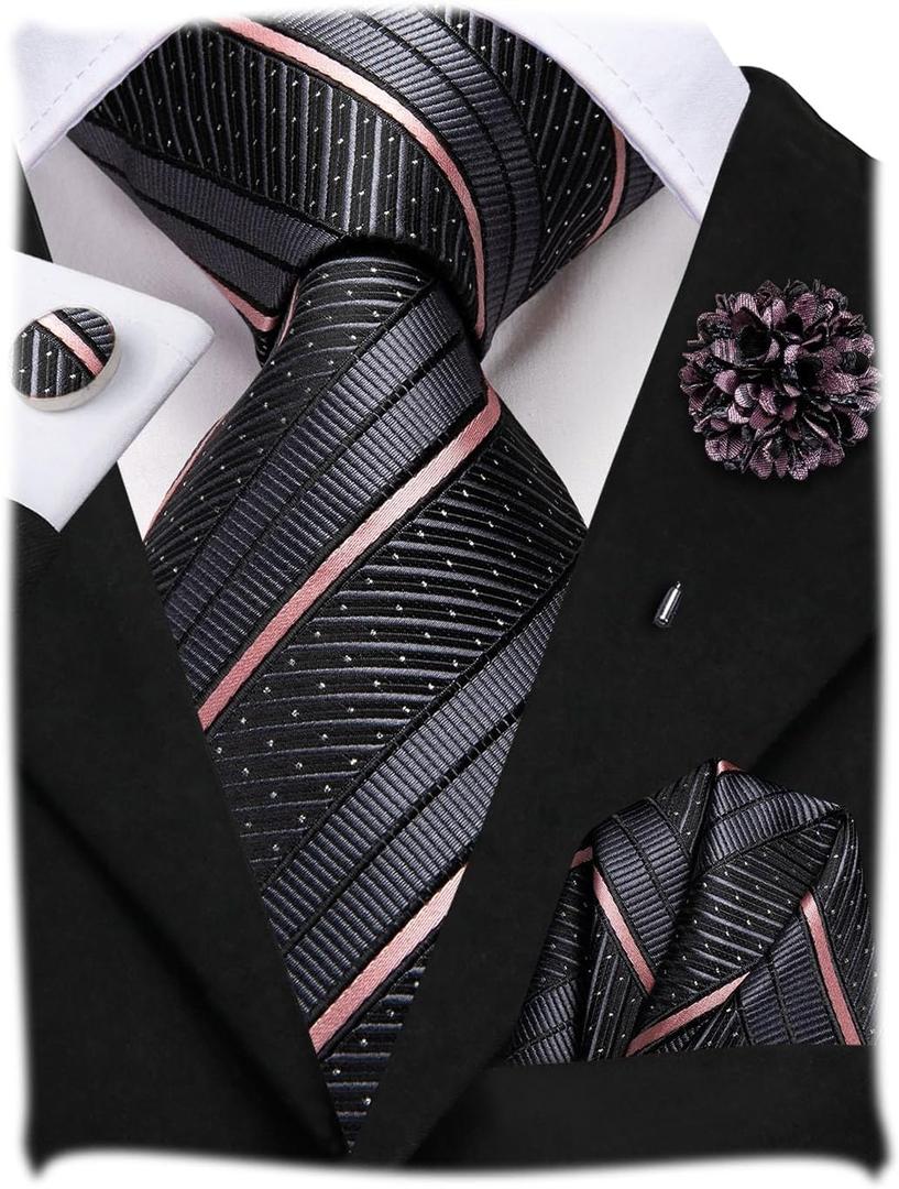 Hi-Tie Men Silk Ties Set with Flower Lapel Pin Necktie Pocket Square Cufflinks for Tuxedo Wedding Business (Black)
