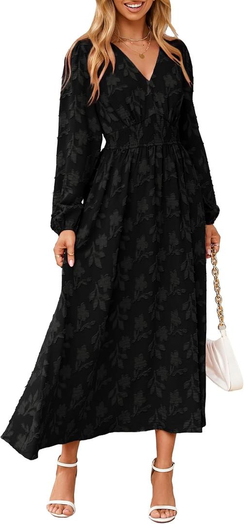 Simplee Womens Boho Floral Long Sleeve Maxi Dress V Neck Empire Waist Fall Wedding Guest Dresses with Pockets (Black), XL