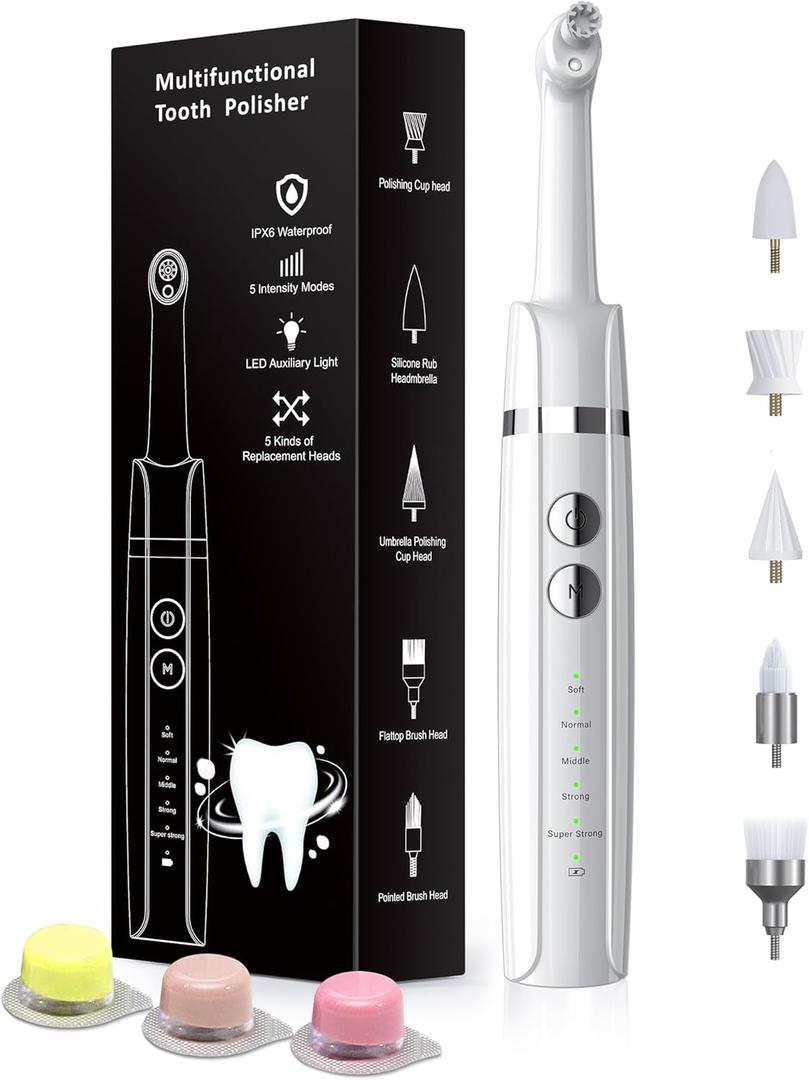 Tooth Polisher, Rechargeable Tooth Whitening Kit for Teeth Cleaning and Whitening, with 3 Tooth Polish Paste and 5 Brush Heads, LED Light, Easy to Use at-Home Personal Dental Care Kit