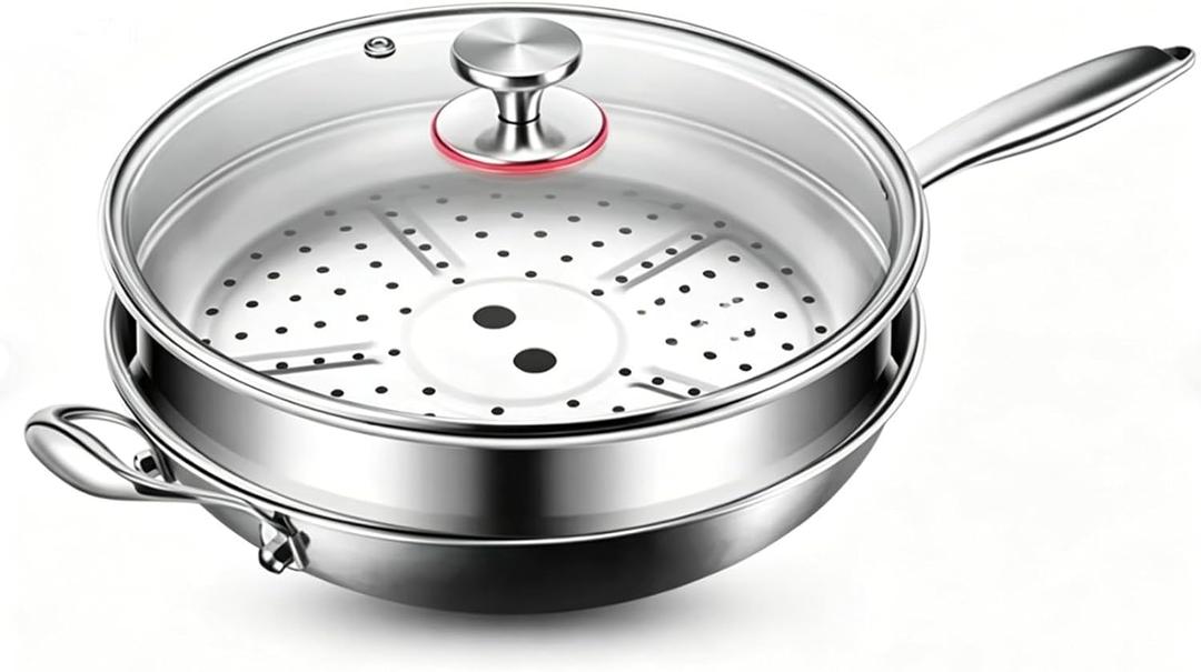 Toutrop Titanium Hammered Pan Pro,Frying Pans Nonstick,Flat Bottom Non-Stick Wok With Lid and Steamer Basket,Durable Scratch-Resistant Titanium Pans for Cooking,14inch with Steamer