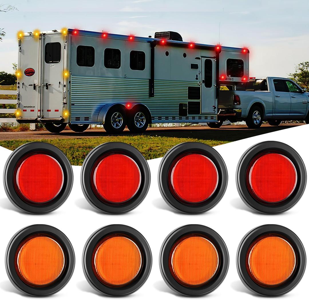Nilight 2.5 Inch Round Marker Light 8PCS Red Amber 13LED Clearance Lights Flush Mount With Plug Grommet Pigtail Hardwired DOT Compliant For 12V Truck Trailer Tractor Buses Vans Boat
