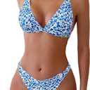 ZAFUL Women's 2 Piece Floral Print Swimsuit Triangle String High Cut Bikini Sets Bathing Suit (Medium, 1-blue Multicolor)