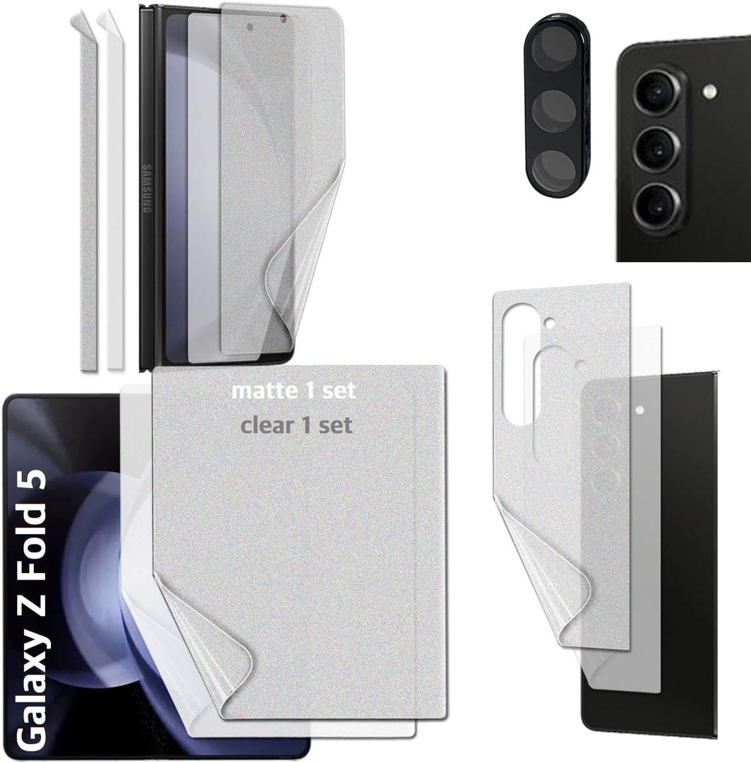 [2SET 9PCS] Premium TPU film Screen Protector [Self-healing (Clear) 1set 4pcs] [Anti-glare (Matte) 1set 4pcs] [1 Tempered Glass Lens protector] for Samsung Galaxy Z Fold 5 5G 2023 with Hinge Protector Scratch Resistant HD Clear Case Friendly [Perfect Fit for foldable Screen] For Galaxy ZFold 5 2023 TUFF STONE Perfect Fingerprint Recognition(N)