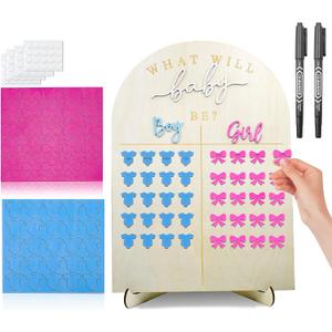 Wooden Baby Gender Reveal Voting Board with Stand, Gender Guessing Game Board with Girl or Boy Voting Stickers for Gender Reveal Party 2 Pens Included)