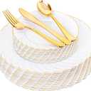 YOUBET 125PCS White Plastic Plates with Gold Rim, Gold Plates Disposable with Golden Silverware Include 25 Dinner Plate 25 Dessert Plate 25 Forks 25 Knives 25 Spoons For Wedding, Parties Christmas