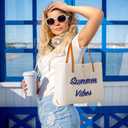 Women Large Beach Canvas Tote Bag Summer Vibes Beach Bag Big Capacity Tassel Handbag