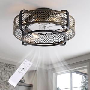 20" Caged Ceiling Fan with Light and Remote, Low Profile, 6 Speed and Reversible Farmhouse Bladeless Flush Mount Ceiling Fan W/ E26 Bulbs Base for Bedroom, Kitchen, Living Room