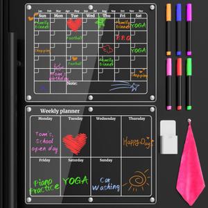 Acrylic Magnetic Calendar for Refrigerator, 2pcs Magnet Fridge Calendar Weekly&Monthly 16"x12", Reusable Dry Erase Planning Board for Fridge with 6 Highlight Markers, Magnetic Pen Holder, Erase Towel