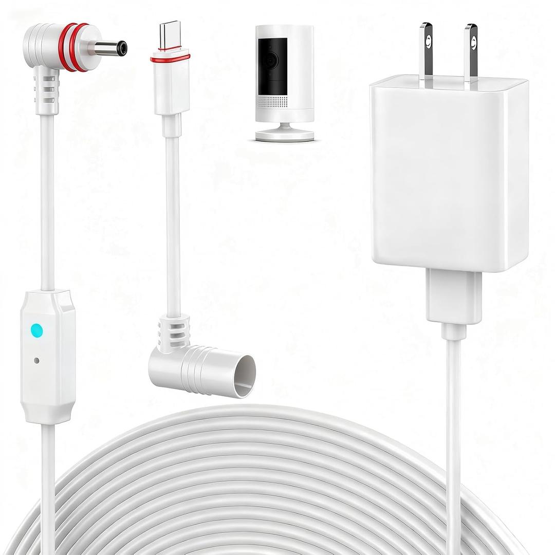 25FT Power Cord and Adapter Compatible with Ring Spotlight Cam Pro(Battery), Stick Up Cam Battery, Plug-in/ Stick up Cam Pro/ RingTilt Indoor Cam, 10W Ring Cable with Light DC Port & Type C Port