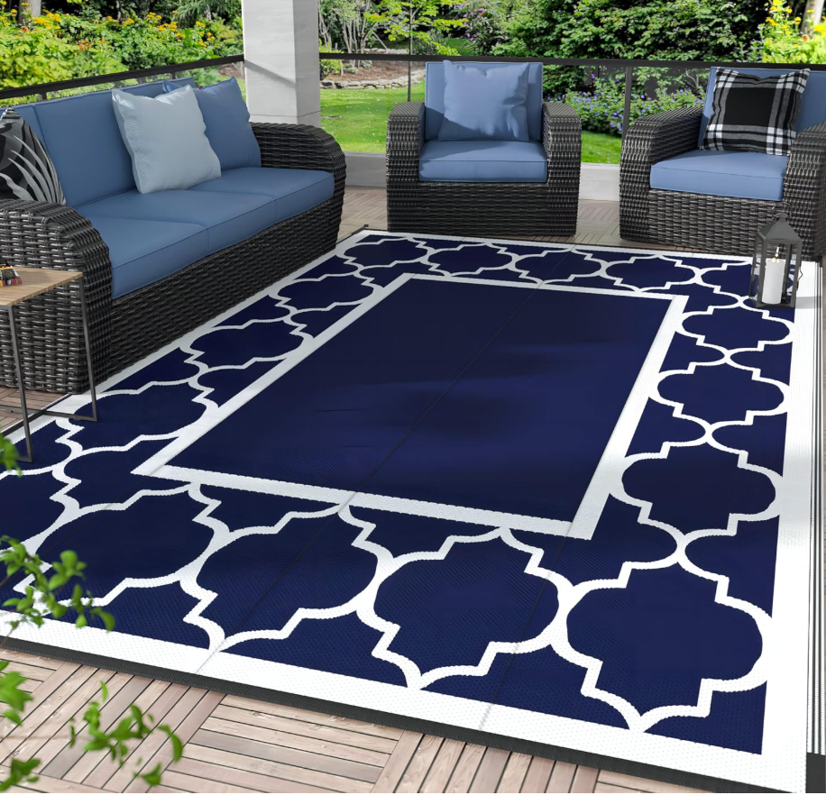 GENIMO Outdoor Rug, Waterproof Plastic Rugs for Patio, 8'x10' Blue White | Outside Larger Modern Carpet Mat for Porch Decor, Deck, Balcony, Camping, RV, Backyard, Picnic, Beach, Reversible, Foldable