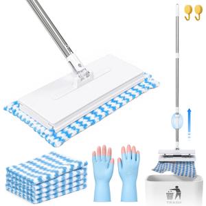 Hands Free Flat Mop with 5 Reusable Microfiber Pads, 49.2" Extra Long Handle & Wide Head, Press-to-Lock Grip Mop for Floor Bathroom Ceiling – Includes 2 Hooks & Gloves, Fits Old Towels