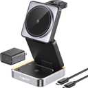 【2026 Upgraded】Wireless Charger 3 in 1, Foldable Wireless Charging Station with Night Light for Apple MagSafe Charger, Travel Magnetic Charger Stand, Nightstand Fast 15W Charging Station (20W Adapter)
