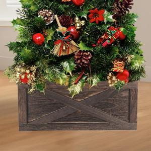Wooden Tree Collar 22in, Christmas Tree Collar Vintage 4 Panels, Brown Tree Collar Box 100% Solid Wood Disassemble with X-Pattern for Christmas Tree Decoration