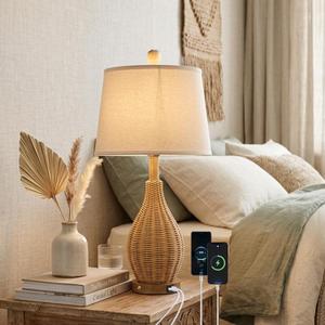 Hamilyeah 23" Farmhouse Table Lamp with Bulb Included and USB Charging Ports, Boho Bedside Lamp with Fabric Shade, Woven Rattan Nightstand Lamp for Bedroom, Living Room, Office