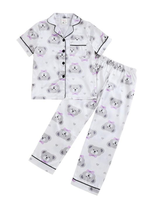 MyFav Girls Pajama Set Silk Button Down Satin Girls PJS Kids Sleepwear Short Sleeve Long Pants,White Bear,12Y
