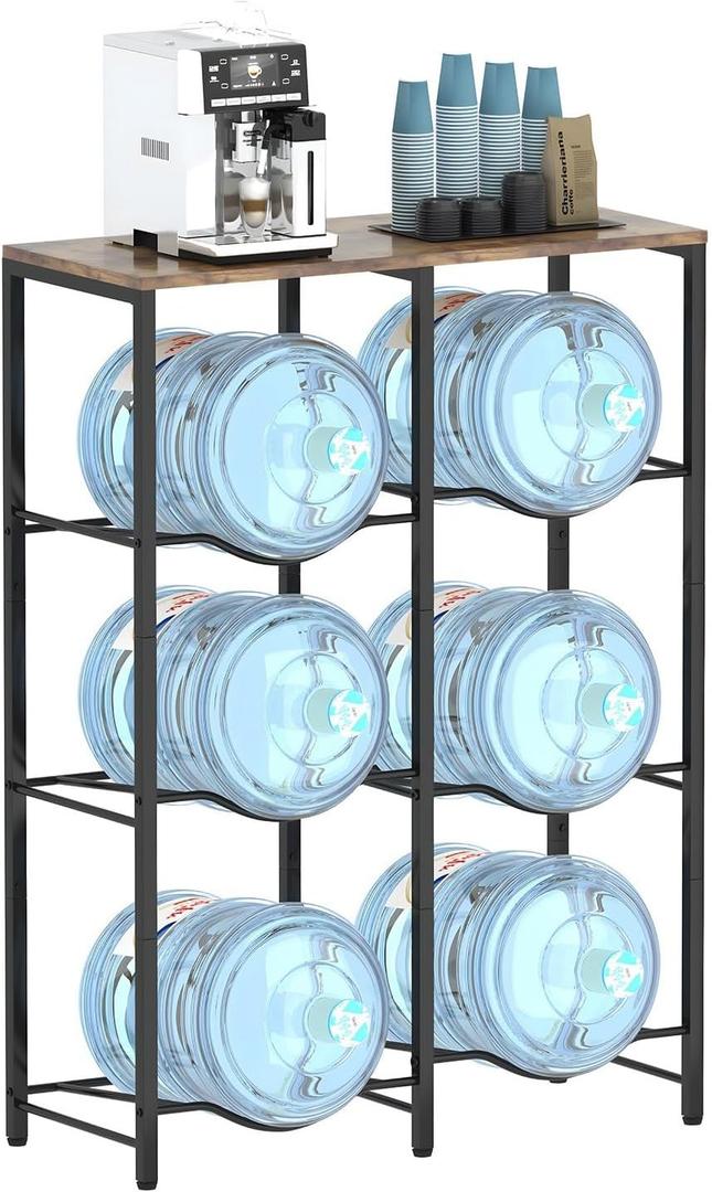 5 Gallon Water Jug Holder, Water Jug Stand with Storage Rack, 3-Tiers Water Dispenser Stand, Water Bottle Stand for Kitchen, Office, Living Room, Brown