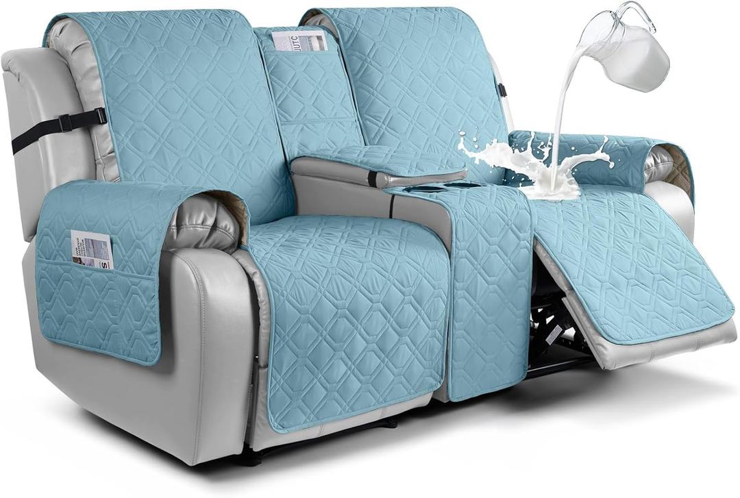 VANSOFY Loveseat Recliner Cover with Console 100% Waterproof Sofa Slipcovers Non-Slip Reclining Couch Cover Split Sofa Covers Furniture Protector for Pets, Dogs(Azuree) (2 Seater+Console)