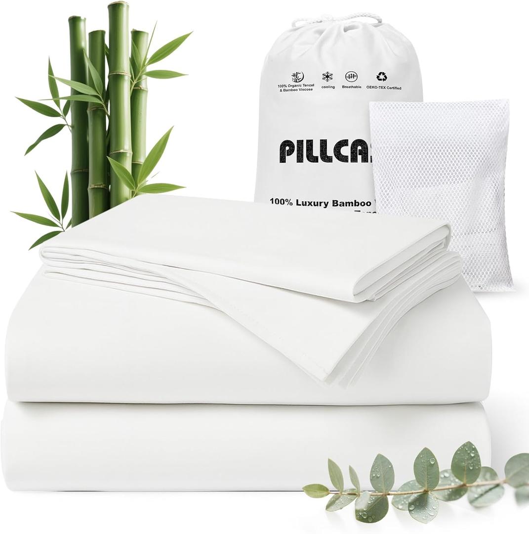 Luxury Organic Tencel & Viscose from Bamboo Cooling Sheet Set,Silky Soft Lyocell Sheets with Deep Pocket, Hypoallergenic & Breathable Bedding with Pillowcases (White, King)