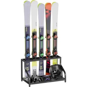Ski Storage Rack for Garage  Freestanding Ski Holder for 5 Pair Skis, Helmet, Goggles, gloves, Indoor Snowboard Rack Organizer Stand for Home, Shed, Basement, Black